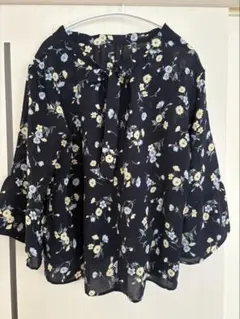 花柄シフォンブラウス　M ネイビー五分袖　オンワード樫山any sis