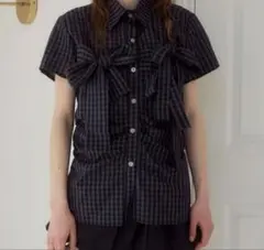 Achic ピンタックユニークリボンチェックブラウスシャツ