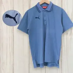 【プーマ 半袖ロゴ刺繍ポロシャツ】 襟ライン 日本製 M 青 PUMA メンズ