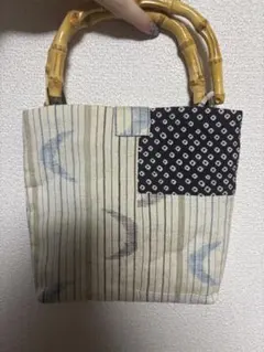 和柄 バンブーハンドル ハンドバッグ 和風 パッチワーク 竹 持ち手ハンドメイド