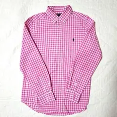 ポロラルフローレン　ギンガムチェック　ボタンダウン長袖シャツ　ピンクS～M