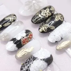 772 ネイルチップSサイズ 韓国 和柄 立体フラワー ミラー