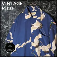Vintage 80s 90s 鶴柄 半袖レーヨンシャツ ネイビー アロハのサムネイル