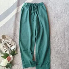 美品(M)リネン混/麻/ワイドイージーパンツ/ズボン/ウエスト総ゴム/グリーン