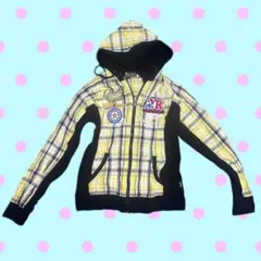イエローチェック柄フード付きパーカー