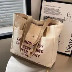 英字デザイン 帆布 トートバッグ裏地有り レディース キャンバス ファスナー付