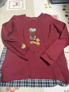 petit main おさるさん刺繍 チェック切替 長袖ワンピース 120