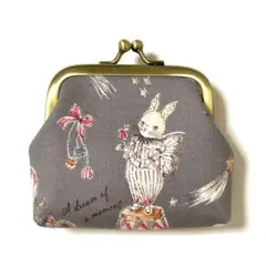 ハンドメイド　がま口小銭入れ　サーカスうさぎ　グレー