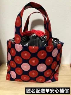 ま*も様 巾着2wayトートバッグ マチ付き サークルドット赤柄 紺色 英字モノ