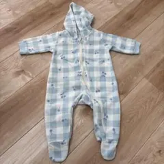 水色さくらんぼ柄カバーオール　ロンパース 70cm 足付き　フード付き