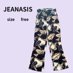 【美品】ジーナシス☆パンツ☆スカーフ柄☆フリーサイズ☆黒☆ウエストゴム☆おしゃれ