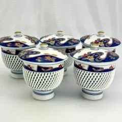 青色花柄 湯飲み 5個セット