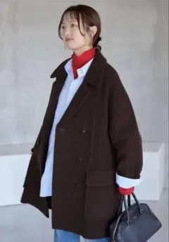 値下げ！超美品ブラウン SLOBE IENAダブルブレストpコート ウール IENA（イエナ） コート アウター ダブルブレストハーフコート