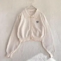 ems excite/ニット襟付きカーディガン/F/ショート丈 ワンポイント刺繍