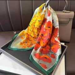 大判 スカーフ バックチャーム バッグスカーフ ヘアアクセ 花柄 緑色 入学式