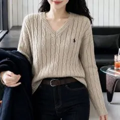 極美品ポロラルフローレン ケーブルニット Vネック 大人気ベージュ 　ポニー
