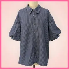 【新品 未使用】パフスリーブ ブラウス ストライプ パールボタン 半袖
