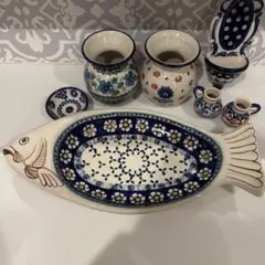 Bセット 希少6点】美品ポーリッシュポタリー 小鉢・リーフ皿・ミニ皿
