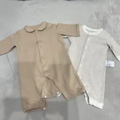 ベージュロンパース・ストライプカバーオールセット