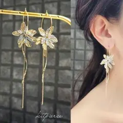 No.442 メタルFlower×ゆらゆら華奢スティック とろみチェーン ピアス