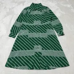 【訳あり】レトロワンピース　大きな襟　グリーン　ドット柄　レトロボタン　15号