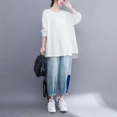 秋物 無地＆シンプル カジュアル Tシャツ 大きいサイズ レディース 丸襟