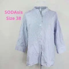 SODAsis ソダシス スタンドカラー シャツ 七分丈 ストライプ ボタン 青
