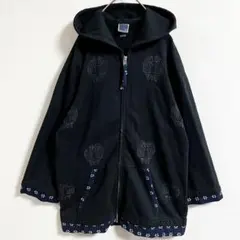 PPFM 和柄 刺繍 フルジップ 8分袖 パーカー L 黒 鯉 花柄 希少 古着