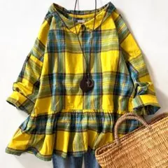 極美品♪ ichi◆イチ◆タータンチェックペプラムブラウス　フリル　イエローのサムネイル