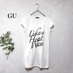 GU 半袖Tシャツ ラメプリント チュニック調 綿100％ 白 XL