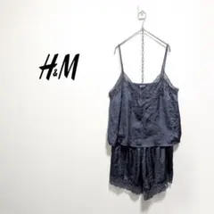H&M　サテンレースキャミセットアップ　ベビードール　ルームウェア　ネイビー　Lのサムネイル