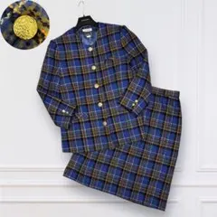 昭和レトロ バブリー ジャケット&スカート ツイード タータン 金ボタン 15号