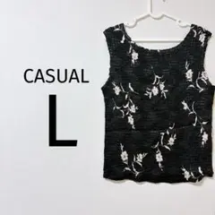 0197 CASUAL CORNER 黒 白の花 タンクトップ L 古着