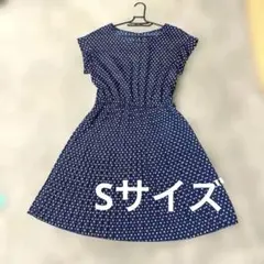 昭和レトロ　ネイビー ドット 半袖 ワンピースＳサイズ