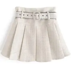 インパン裏地ベルト付ツイードミニプリーツスカート