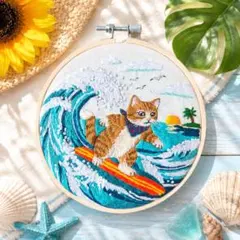 夏限定　波乗り猫ちゃん！大波に乗る！刺繍フレーム