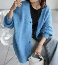 シャギー ニットカーディガン ブルー