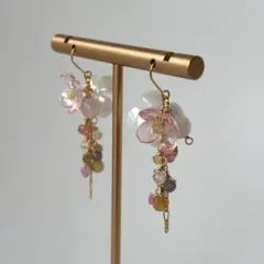 春色の花束ピアス 天然石 ローズクォーツ アクアマリン シトリン ハンドメイド
