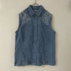 【90sヴィンテージ】レース刺繍 デニムベスト ノースリーブシャツ M〜L相当