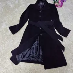 INDIVI アンゴラ65% 羊毛35%A ラインコート 黒 ベルト付きM