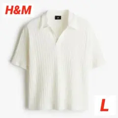 H&M ルーズフィット ジャカードニットポロシャツ ホワイト Lサイズのサムネイル