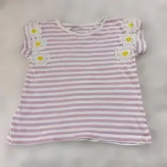 西松屋 ボーダー Tシャツ 半袖 110cm 花柄 女の子 ピンク 白 デイジーのサムネイル