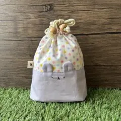 【生えくまの巾着】オリジナルハンドメイド小物入れ　コップ袋　くすみカラー紫ドット