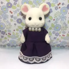 シルバニア　お母さん　服【胸元パールのダークパープルノースリーブワンピ】