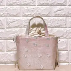 帯リメイク　ピンク系グラデーション地　孔雀羽模様　あおりポケット　巾着トート