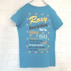 ROXY＊ミニＴ＊ターコイズブルー＊バックプリント＊お花柄＊半袖＊Ｍ＊サーフ系＊