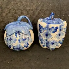 タイ製　かぼちゃとピーマン　花柄　蓋付き容器　保存容器　キャニスター　2個セット