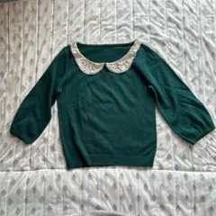 レース襟 7分袖ニット 緑 グリーン Mサイズ 薄手セーター 上品