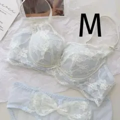 楽ブラ レース セクシー下着2977アイボリーブルーM ノンワイヤーブラショーツ