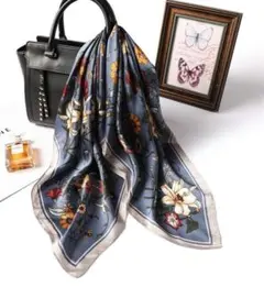 大判 スカーフ バックチャーム バッグスカーフ ヘアアクセ フラワー ブルー